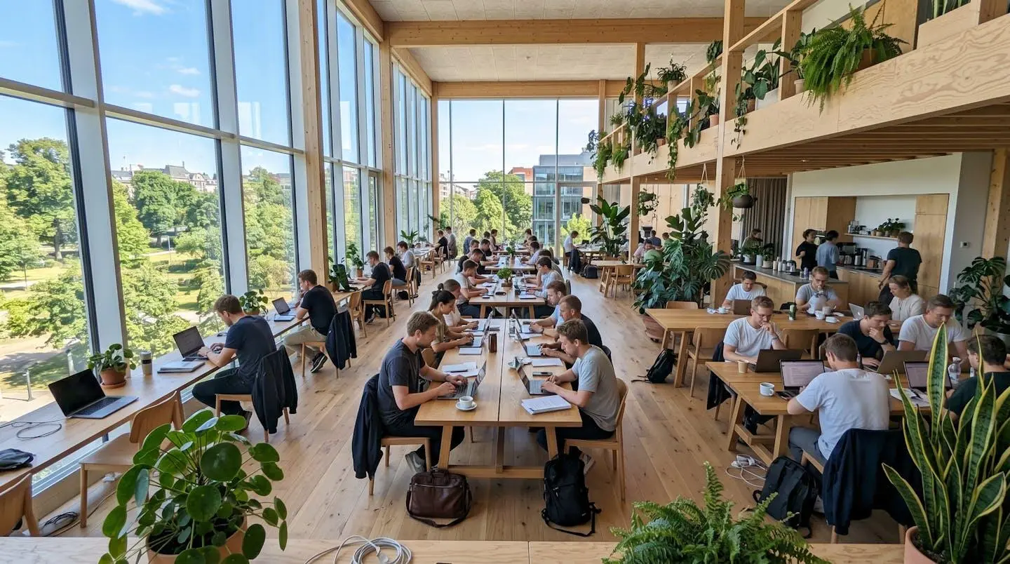 Vue en grand angle d'un espace de coworking contemporain baigné de lumière naturelle avec de grandes plantes vertes et des baies vitrées