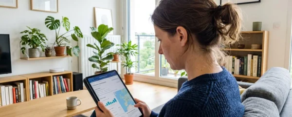 Une femme de dos consulte attentivement une tablette dans un salon moderne baigné de lumière naturelle