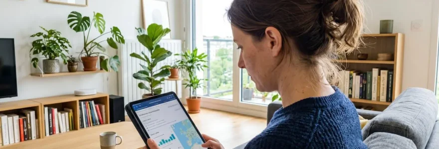 Une femme de dos consulte attentivement une tablette dans un salon moderne baigné de lumière naturelle