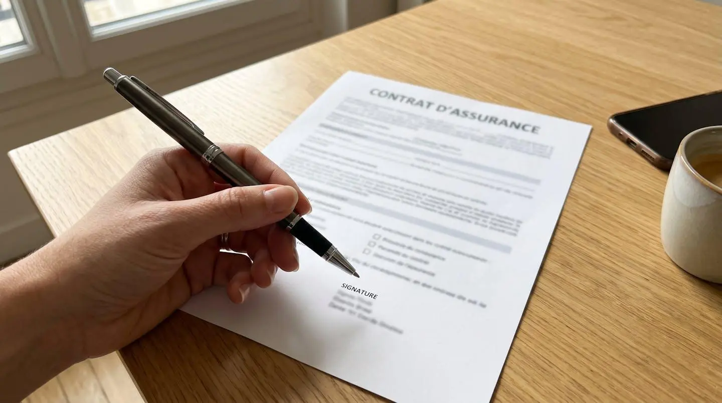 Gros plan sur une main tenant un stylo au-dessus d'un document contractuel posé sur un bureau en bois clair