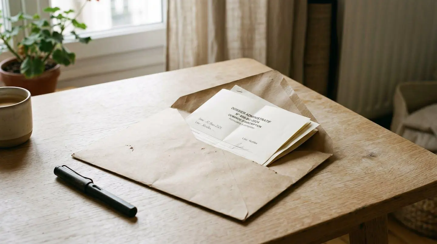 Enveloppe ouverte avec des documents administratifs sortis, posée sur un bureau épuré