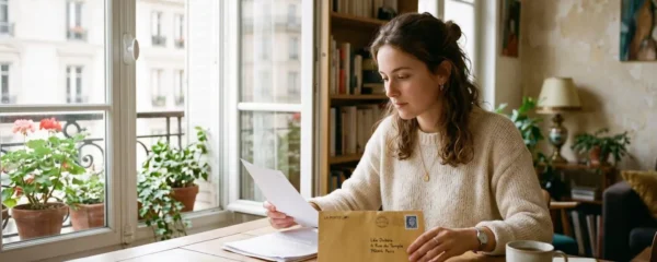 Un jeune adulte consulte des documents administratifs posés sur une table claire, prêt à ouvrir un livret d'épargne