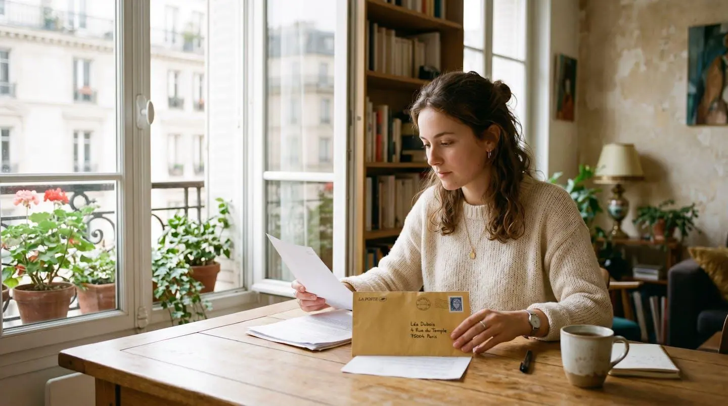 Un jeune adulte consulte des documents administratifs posés sur une table claire, prêt à ouvrir un livret d'épargne