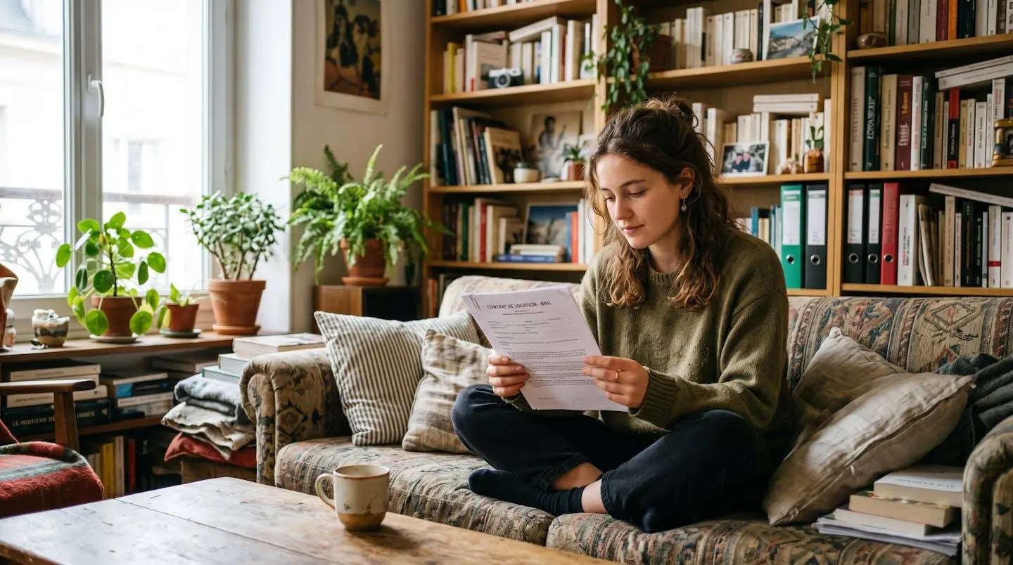 Étudiant assis dans un appartement en colocation qui vérifie son bail de location avant une démarche bancaire