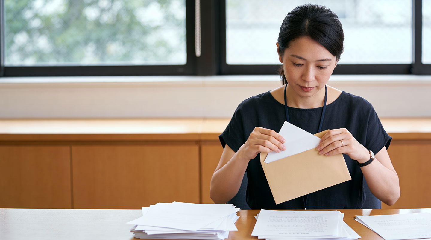Enveloppe ouverte avec des documents administratifs sortis, posée sur un bureau épuré
