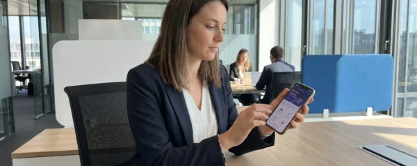 Conseiller bancaire consultant les fonctionnalités d'une application mobile dans un bureau moderne et lumineux