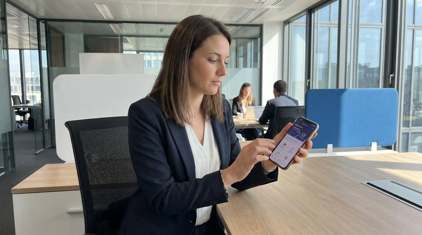 Conseiller bancaire consultant les fonctionnalités d'une application mobile dans un bureau moderne et lumineux