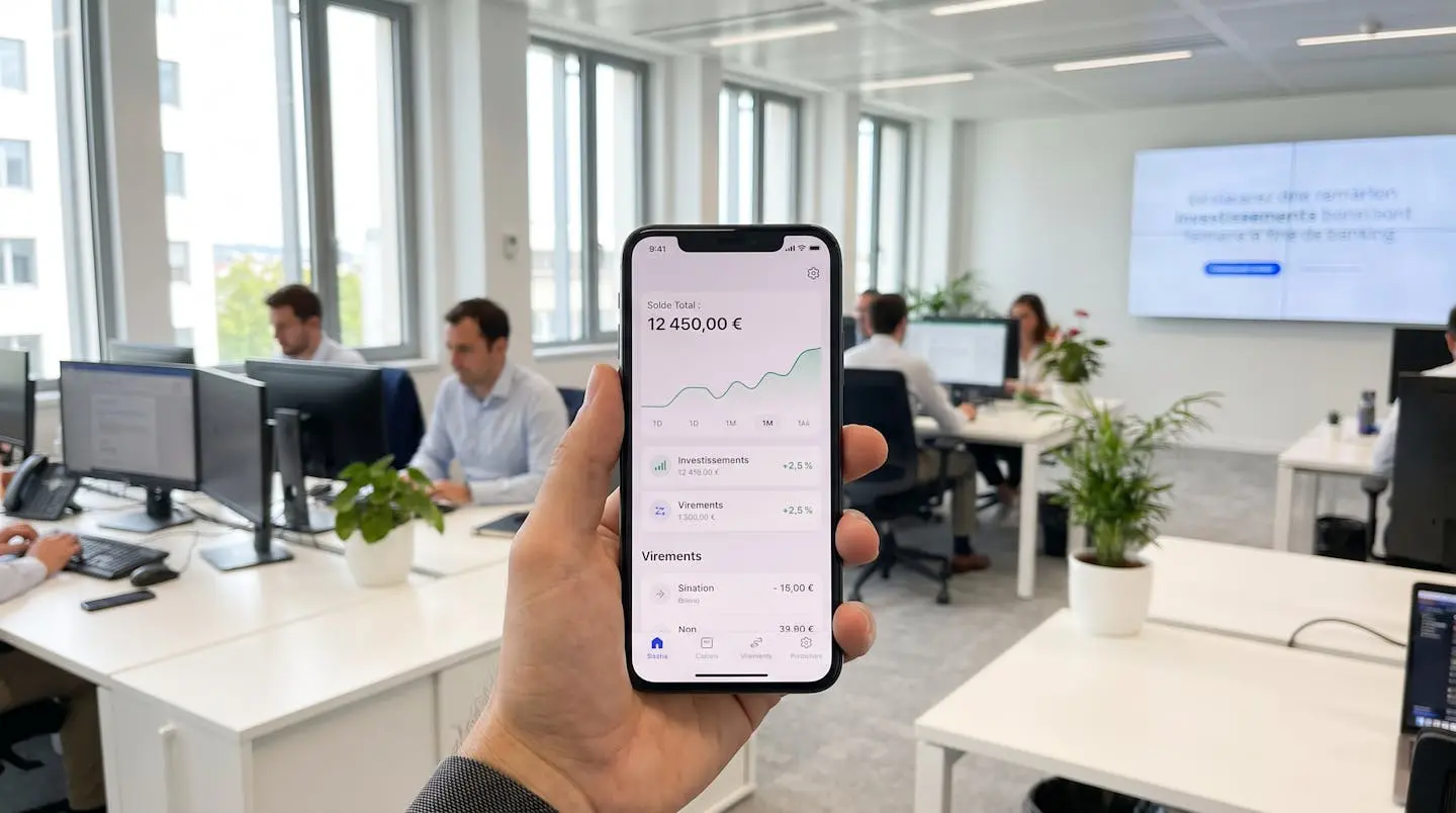 Interface d'application bancaire moderne affichant des fonctionnalités numériques avancées dans un environnement professionnel