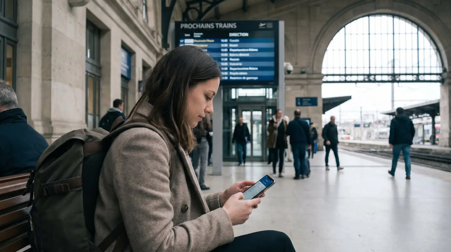 Jeune actif consultant son application bancaire en situation de mobilité dans un environnement de transport