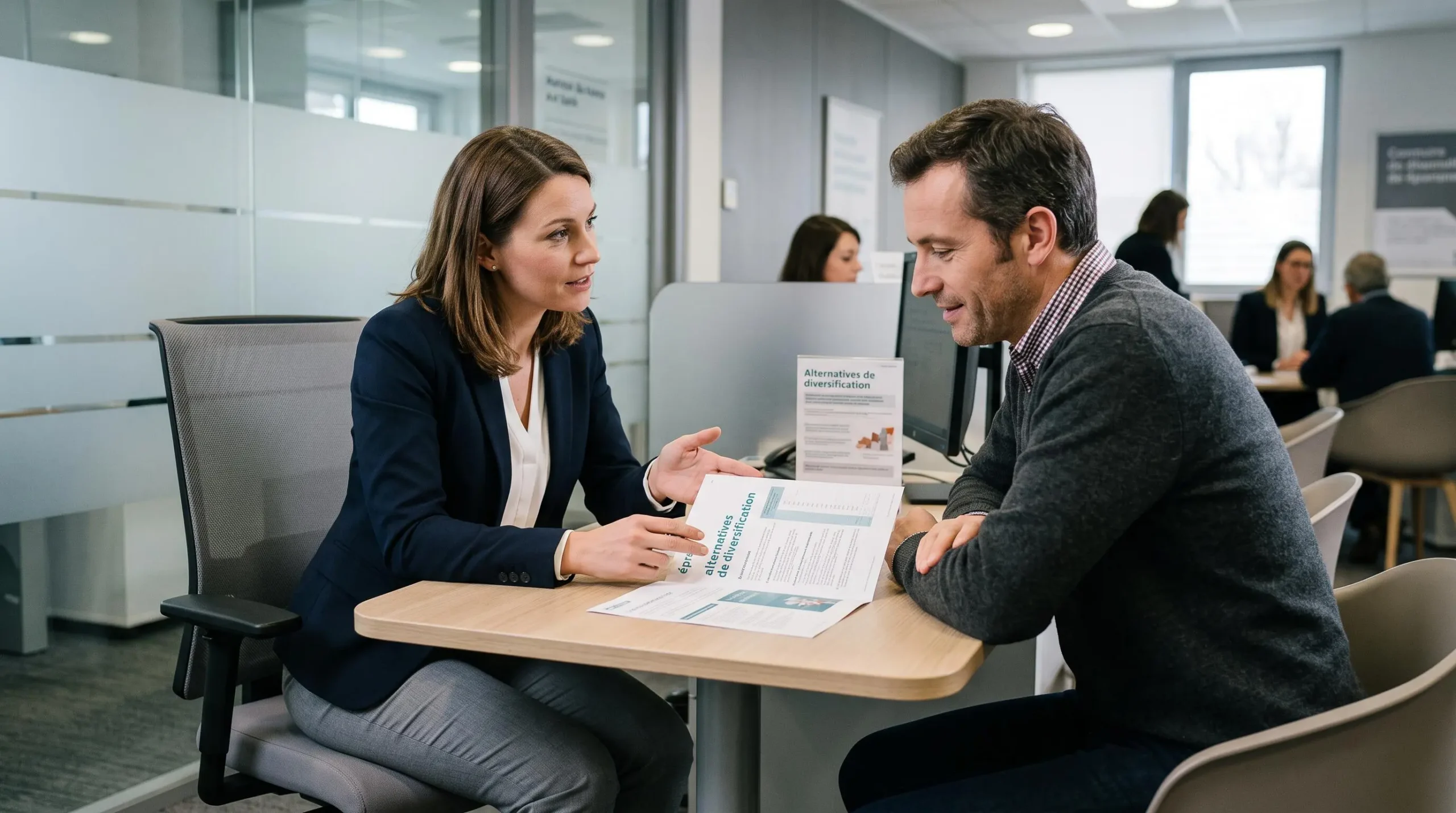 Bank advisor and client in discussion at a desk inside a French bank branch, reviewing savings diversification documents together.