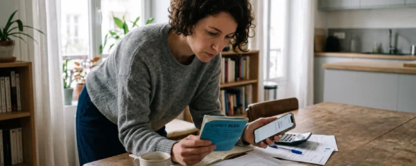 Person reviewing their Livret Bleu savings booklet and banking app at home, checking account statements on a table.