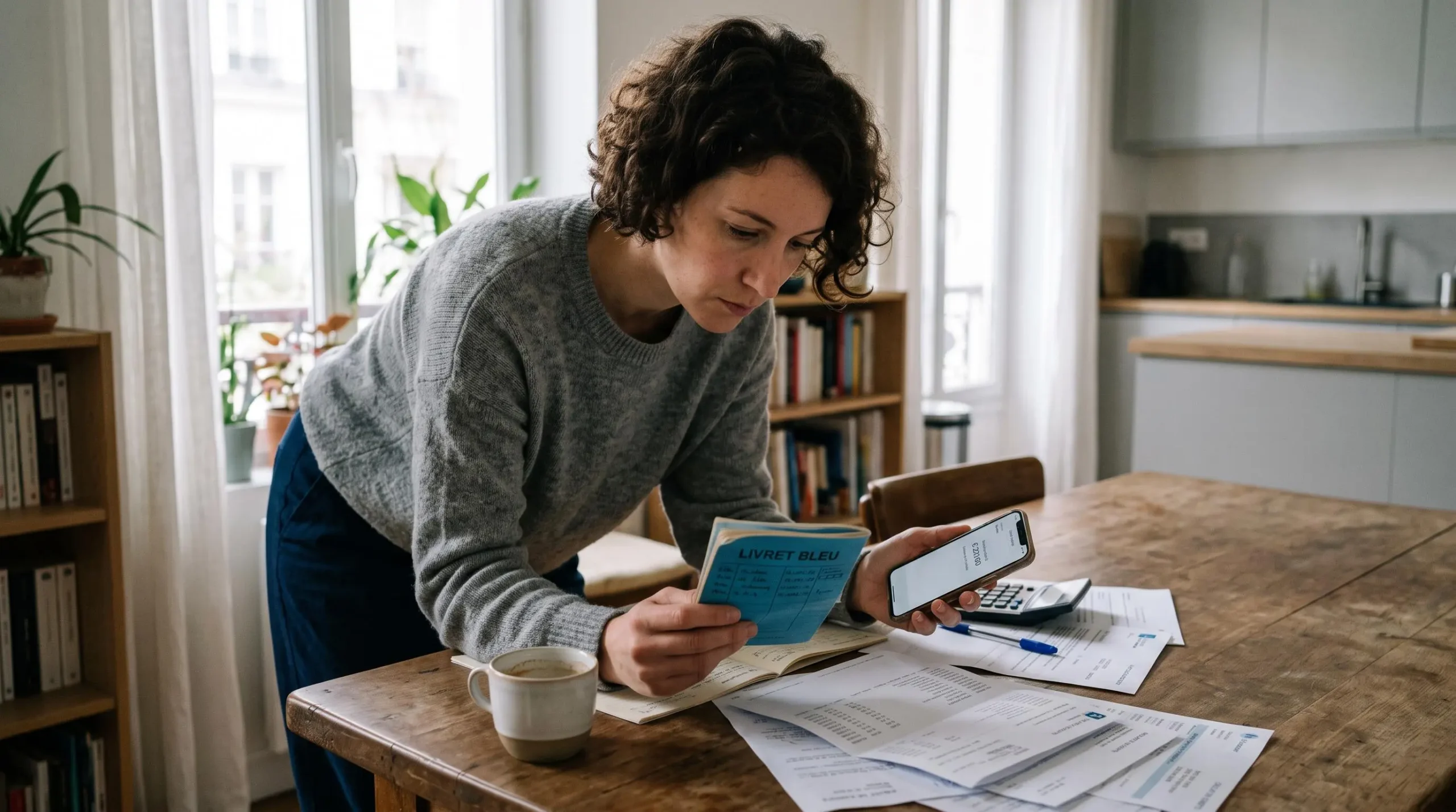 Person reviewing their Livret Bleu savings booklet and banking app at home, checking account statements on a table.