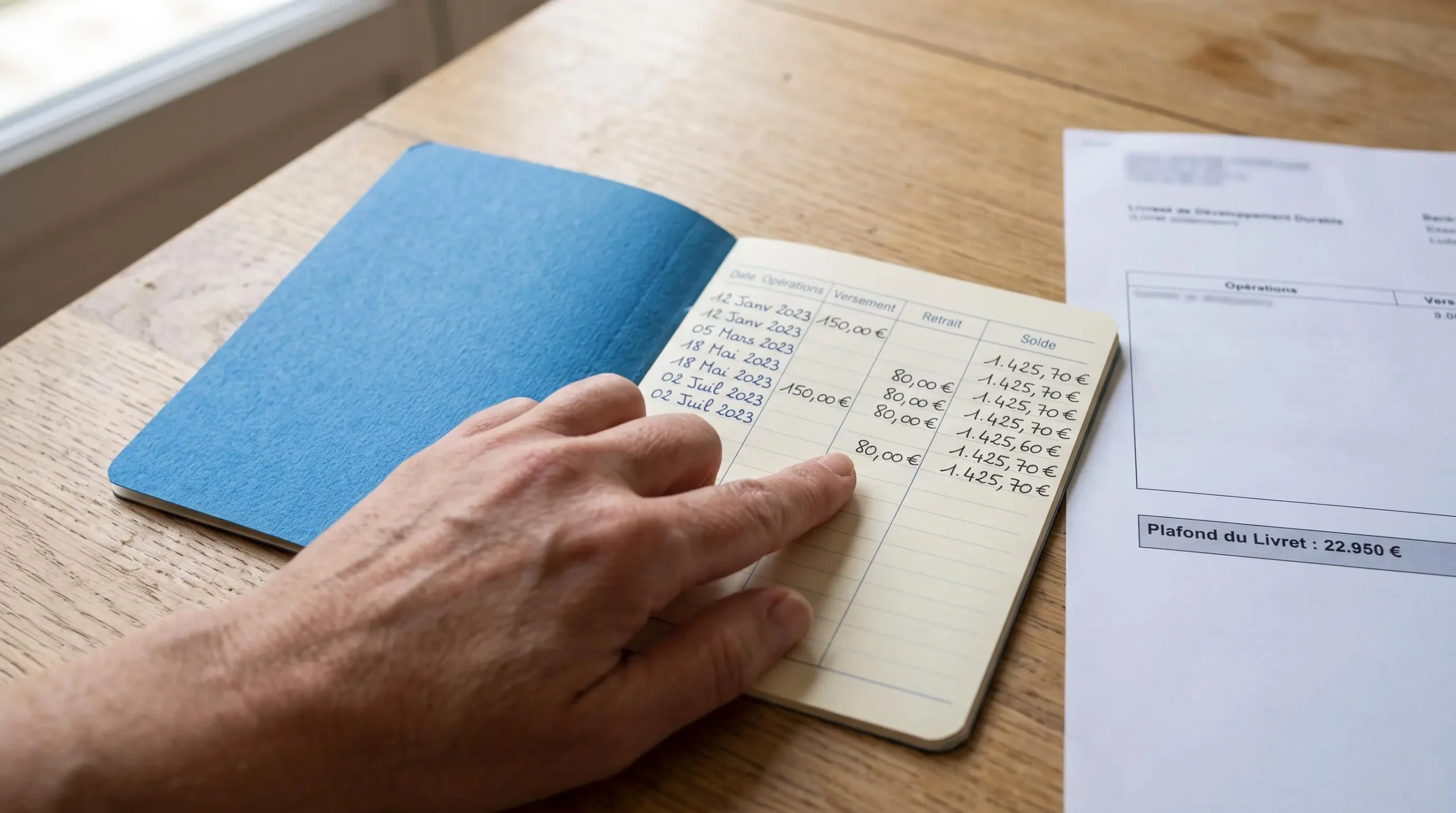 Close-up of an open Livret Bleu savings booklet with handwritten entries, a hand pointing to transaction records on the page.