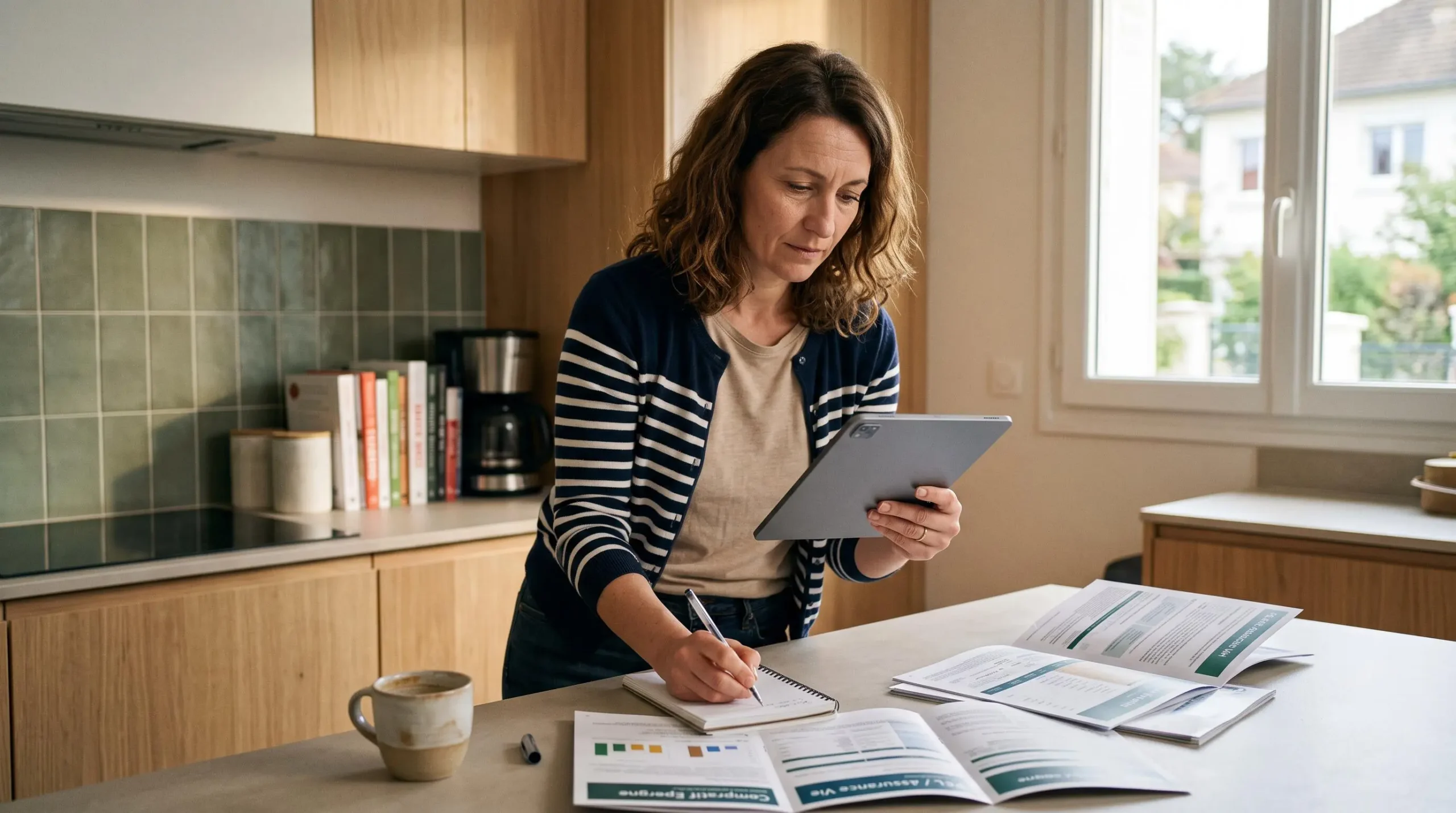 Person standing at kitchen counter researching savings alternatives on a tablet while taking notes, with financial information brochures spread out.